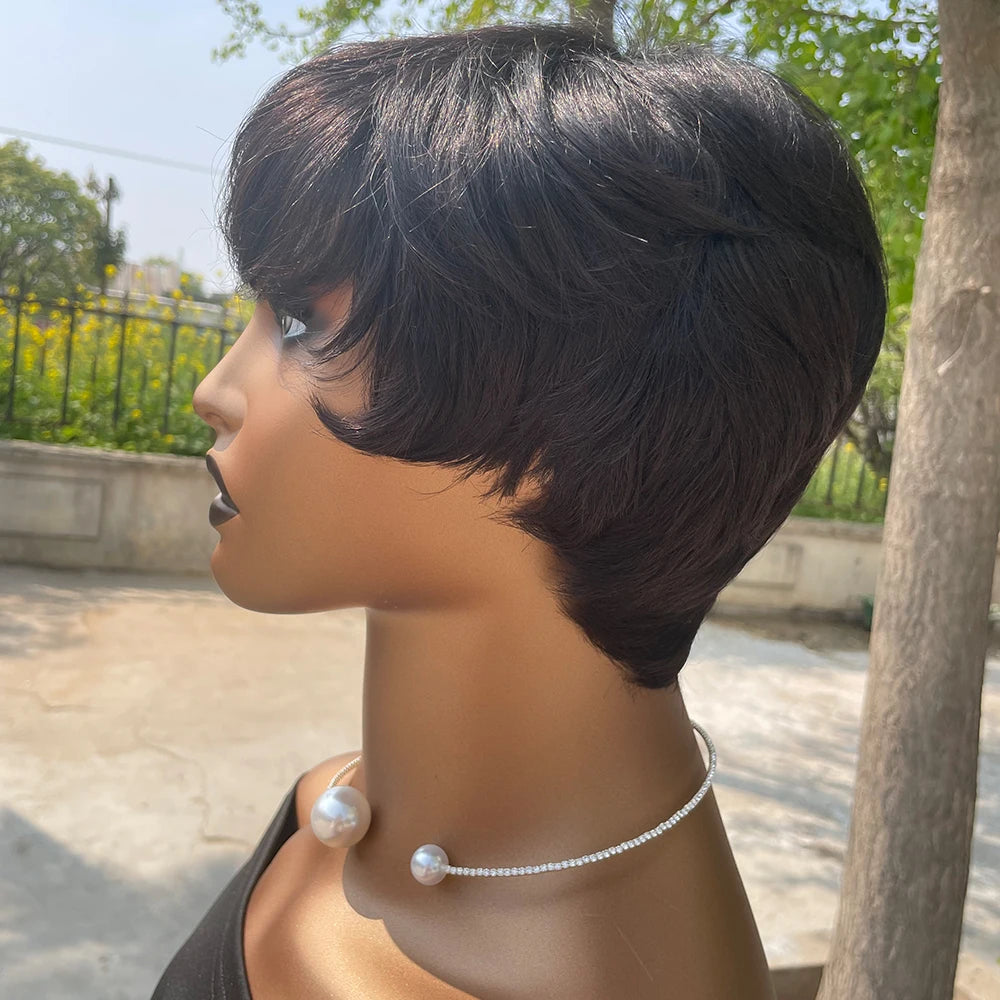 Short Pixie Cut Human Hair Wig with Bangs for Women