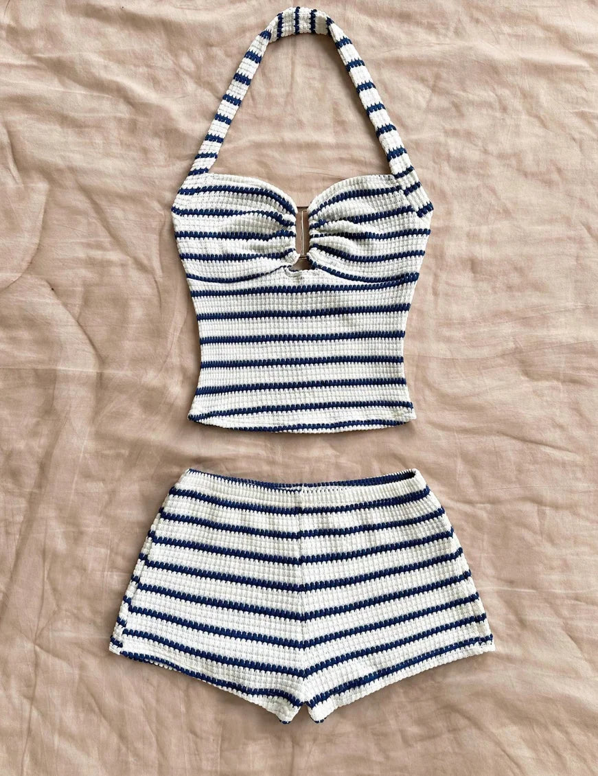 Summer Knit Halter Top and Shorts Set with Stripes