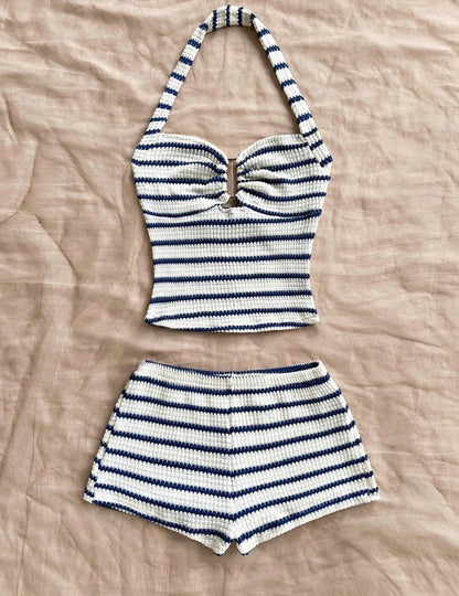 Summer Knit Halter Top and Shorts Set with Stripes