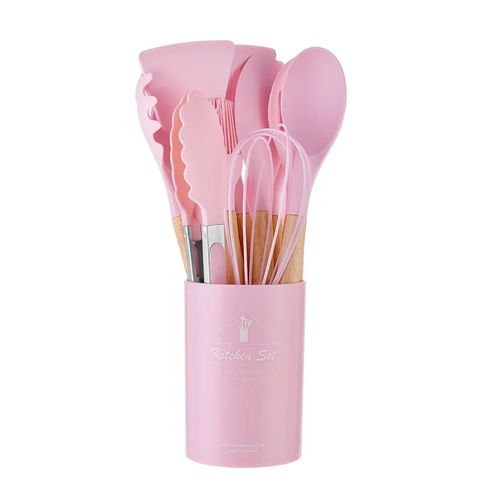 12 Piece Silicone Kitchen Utensils Set with Wooden Handle