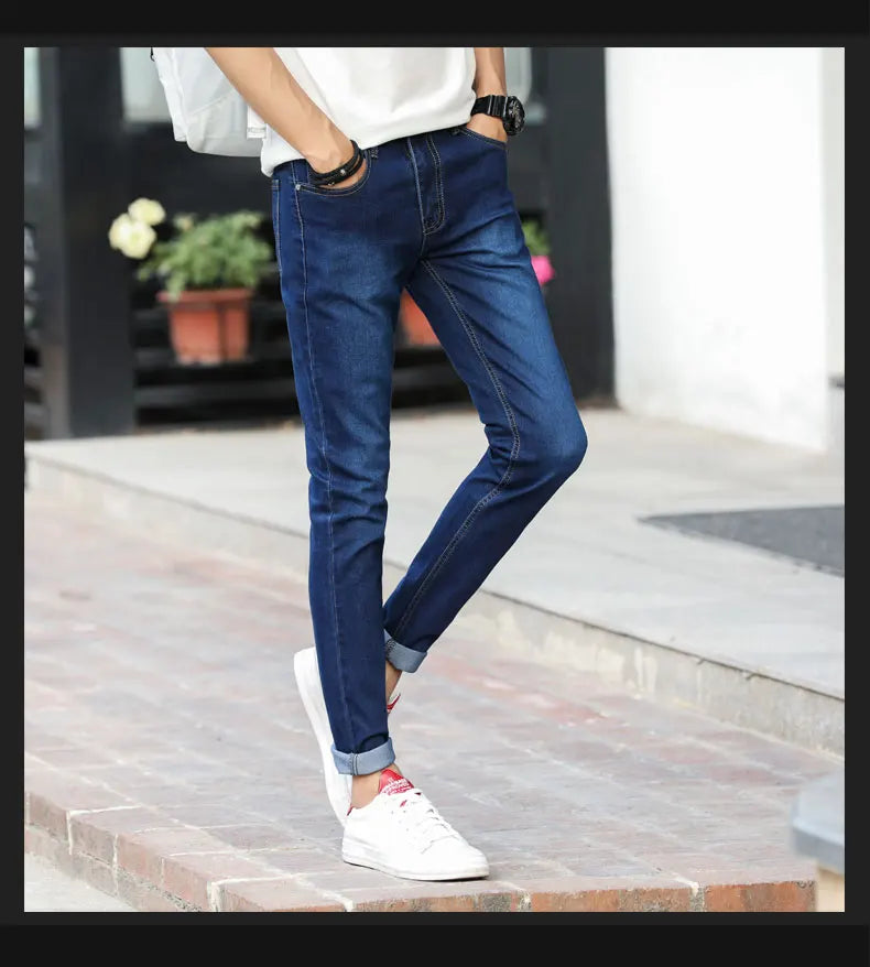 Mens Slim Fit Denim Pencil Pants Black White Stretch Jeans
