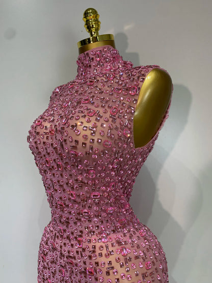 Gold Rhinestone Sleeveless Long Dress for Women