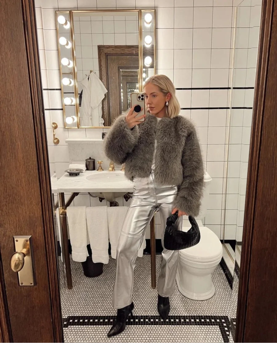 Women's Faux Fur Round Neck Short Jacket