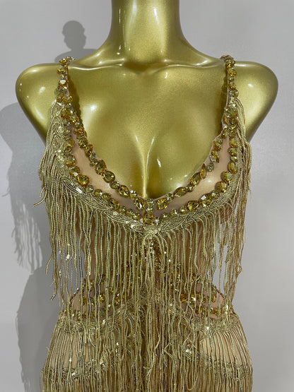 Sparkly Black Rhinestone Fringe Jumpsuit for Women