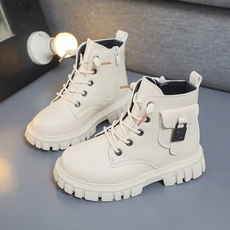 Girls PU Leather Ankle Boots with Anti-slip Sole