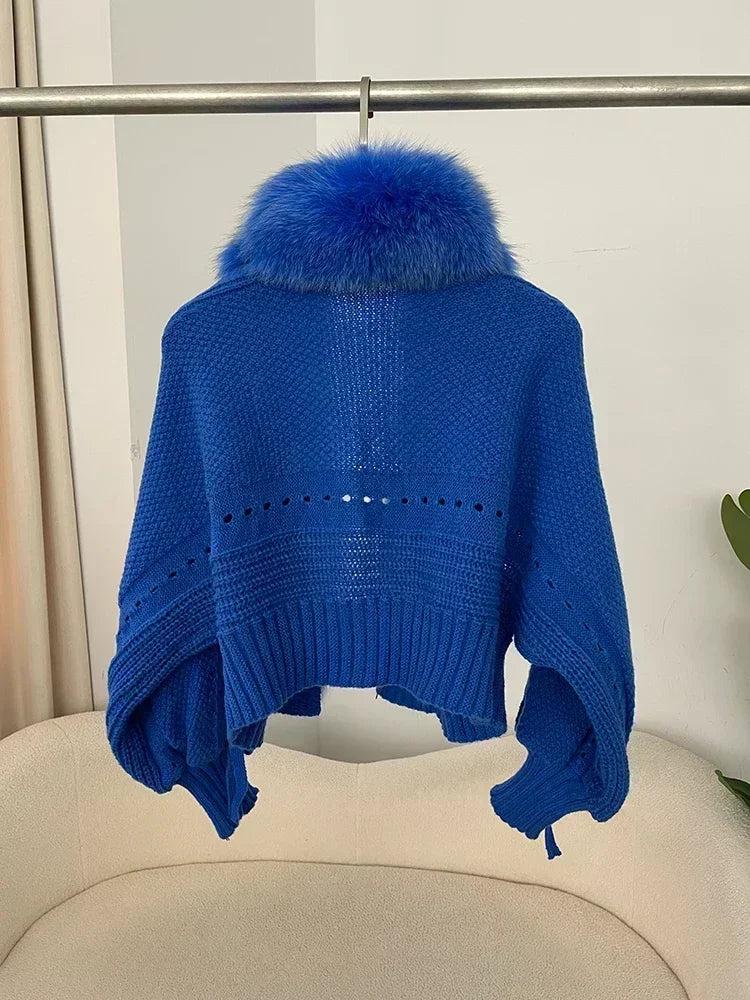 Knitted Cardigan Coat for Women with Real Fox Fur