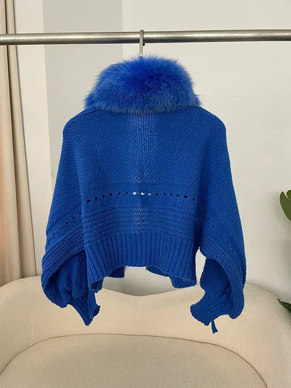 Knitted Cardigan Coat for Women with Real Fox Fur