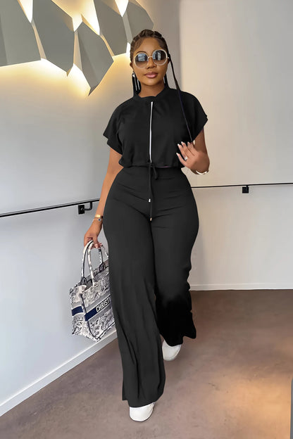 Women Casual Short Sleeve Drawstring Top and High Waist Pants Set