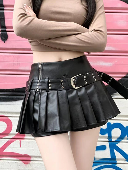 Black Pleated Leather A-line Skirt for Women