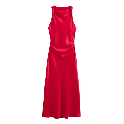 Satin Midi Dress for Women Sleeveless Elegant Evening Dress