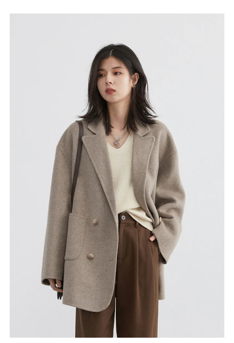 Women's Woolen Double Breasted Jacket Office Lady Outerwear