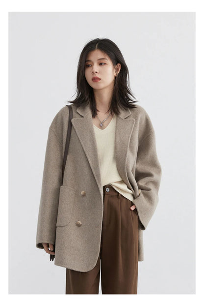 Women's Woolen Double Breasted Jacket Office Lady Outerwear
