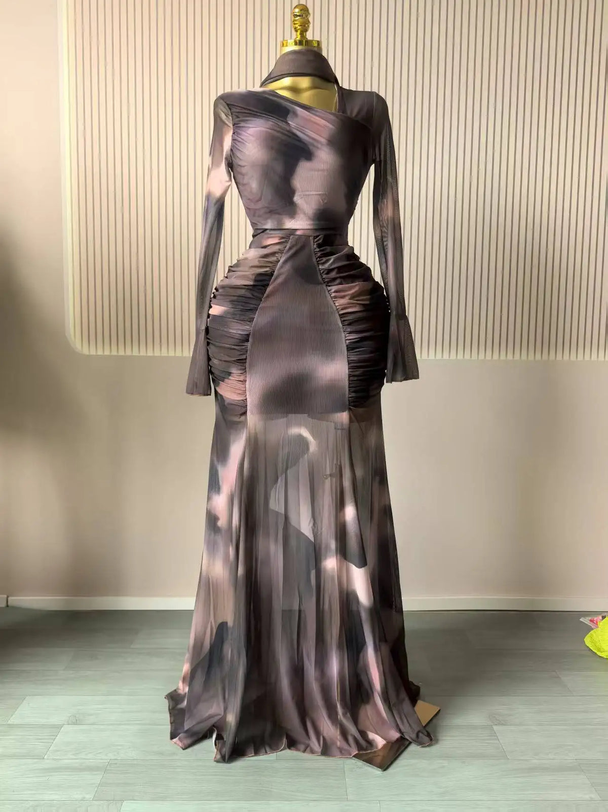 Women Tie Dye Maxi Dress with Skew Neck and Flare Sleeves