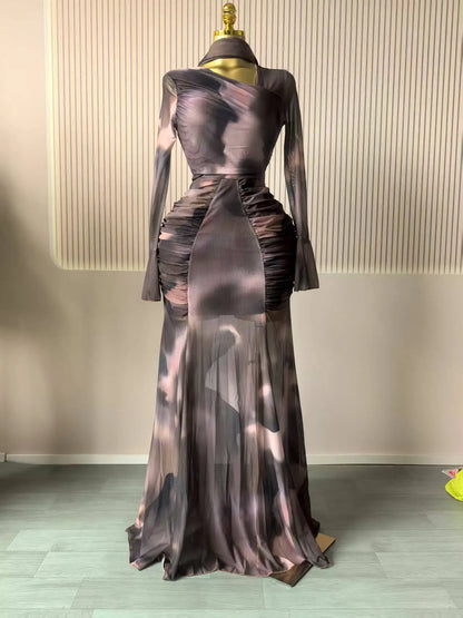 Women Tie Dye Maxi Dress with Skew Neck and Flare Sleeves