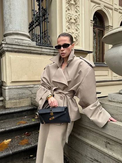 Solid Lace Up Trench Coat Women Full Sleeve Windbreak