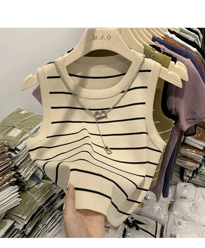 Striped Knit Sleeveless Waistcoat for Women