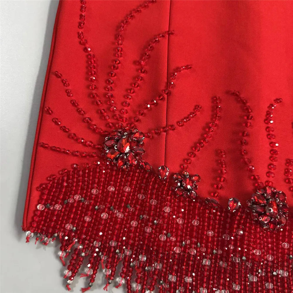 Women Sleeveless Bandage Dress with Beading and Tassels