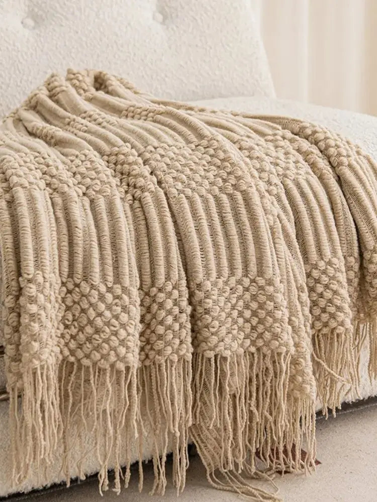 Khaki Knitted Acrylic Blanket with Tassels