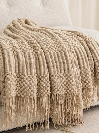 Khaki Knitted Acrylic Blanket with Tassels