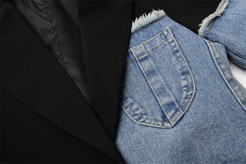 Women Vintage Denim Patchwork Blazer Coat