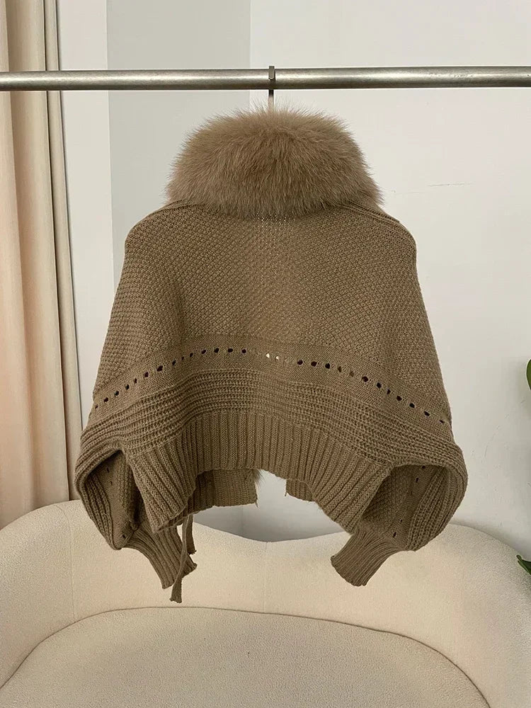 Knitted Cardigan Coat for Women with Real Fox Fur