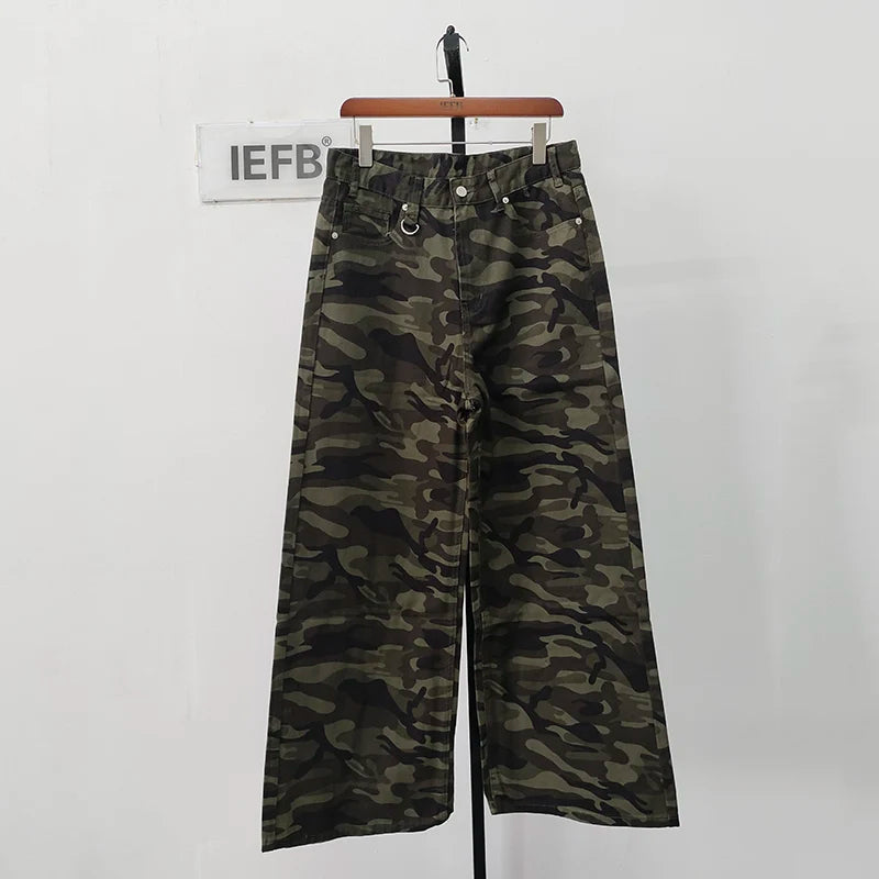 IEFB Vintage Camouflage Men's Loose Denim Jeans Old Blue