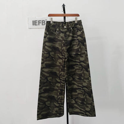 IEFB Vintage Camouflage Men's Loose Denim Jeans Old Blue