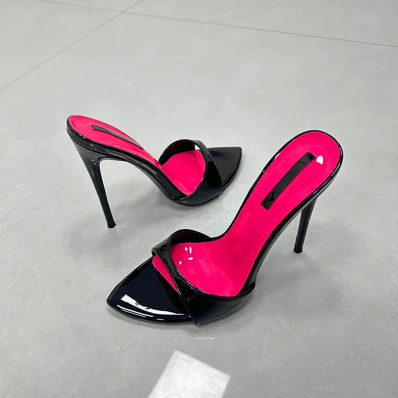 Patchwork Stiletto Heel Slippers Open Toe Thin Heels