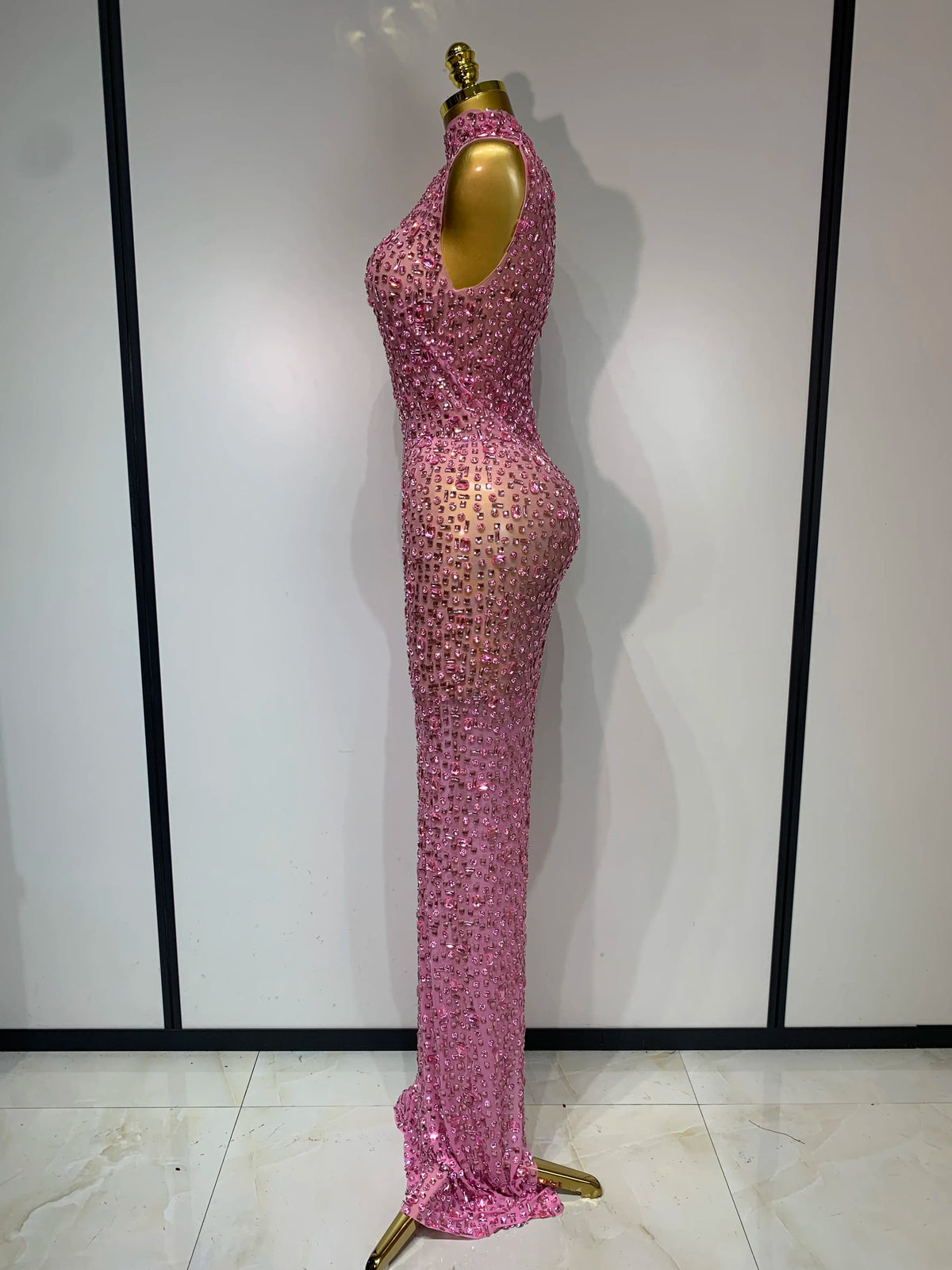 Gold Rhinestone Sleeveless Long Dress for Women