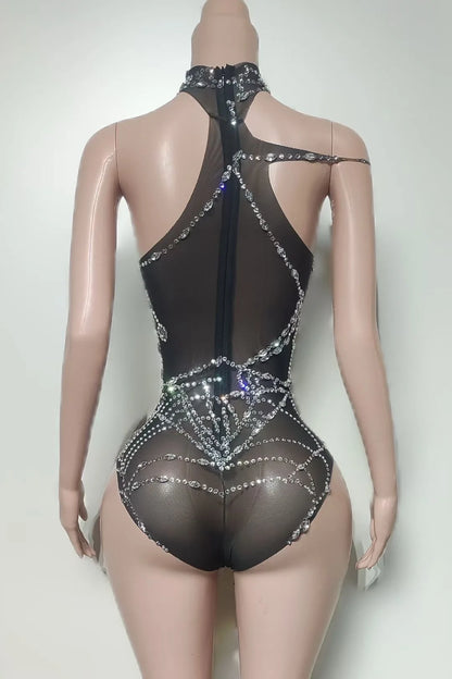 Black Mesh Crystal Diamond Bodycon Dress for Women