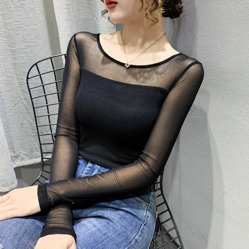 Women Slim Fit Long Sleeve Mesh T-Shirt