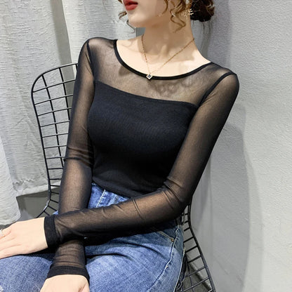 Women Slim Fit Long Sleeve Mesh T-Shirt