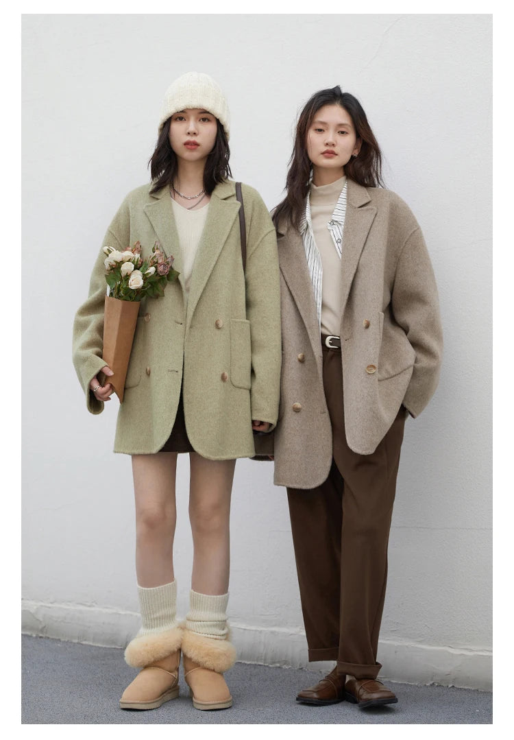 Women's Woolen Double Breasted Jacket Office Lady Outerwear