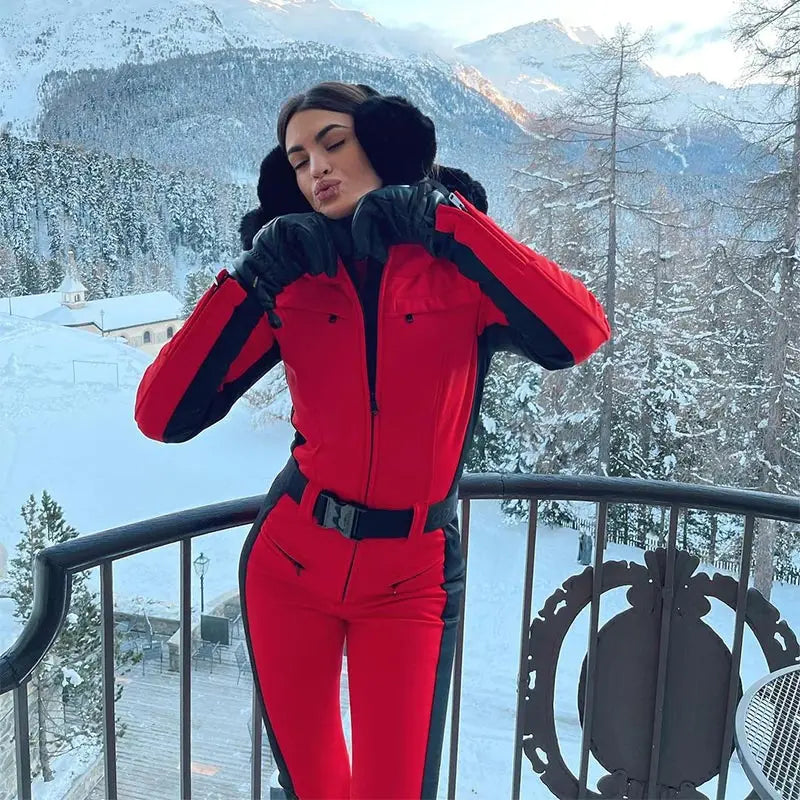 Casual Fur-Trimmed Hooded Ski Suit Women Warm Jumpsuit