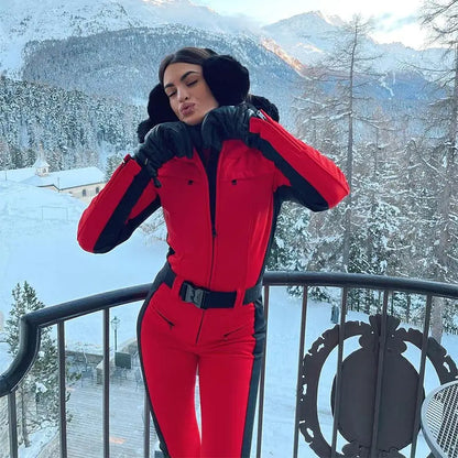 Casual Fur-Trimmed Hooded Ski Suit Women Warm Jumpsuit
