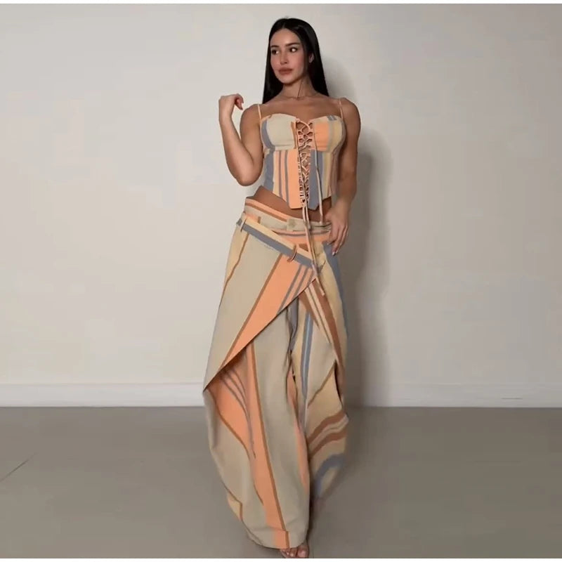 Corset Cami Two Piece Set with Pleated Wide Leg Pants