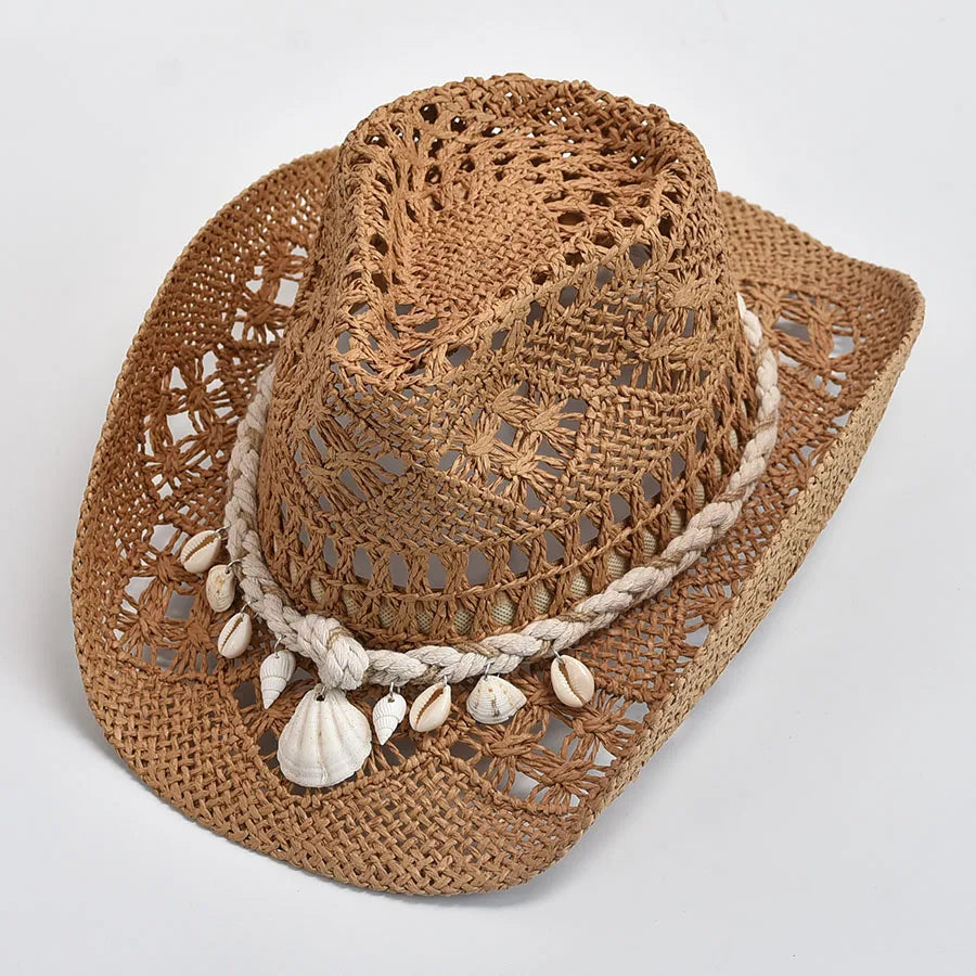 Hand Woven Straw Sun Hat for Women with Shell Decoration