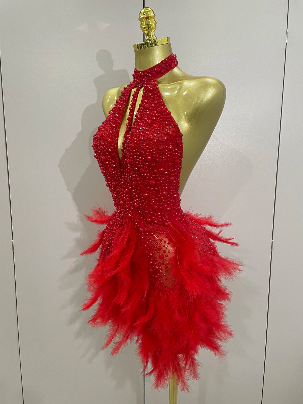 Luxury Rhinestones Pearls Feathers Halter Backless Dress