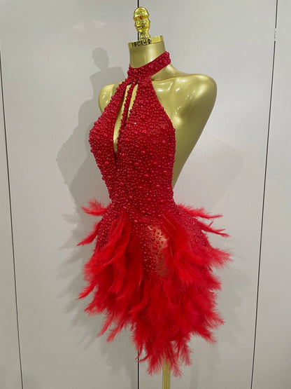 Luxury Rhinestones Pearls Feathers Halter Backless Dress