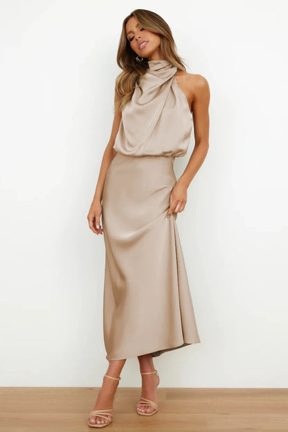 Elegant Silk Satin Sleeveless Long Dress for Women