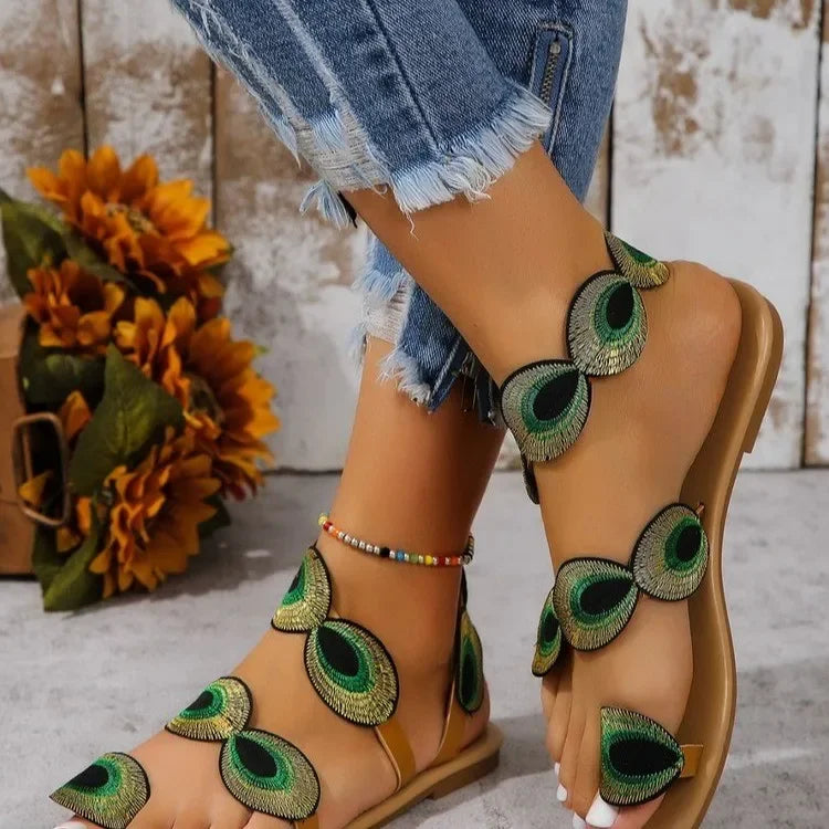 Yellow Faux Flower Embroidered Flat Sandals Size 43