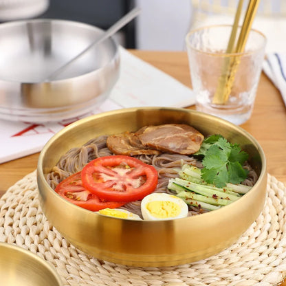 Stainless Steel Double Layer Cold Noodle Bowl Gold Silver