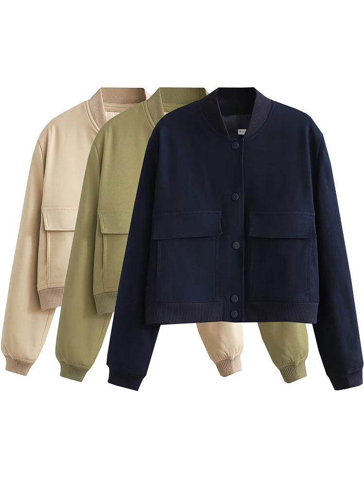 Willshela Women Solid V-Neck Bomber Jacket