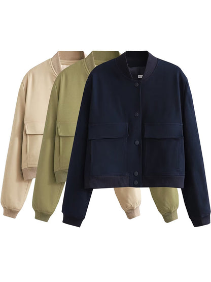 Willshela Women Solid V-Neck Bomber Jacket