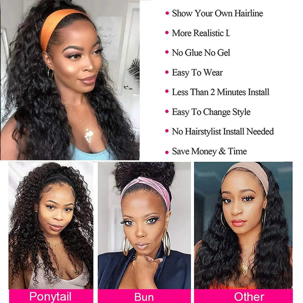 Deep Water Wave Human Hair Headband Wig 200% Density