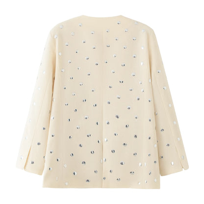 Beige Rivet Decoration Casual Blazer for Women