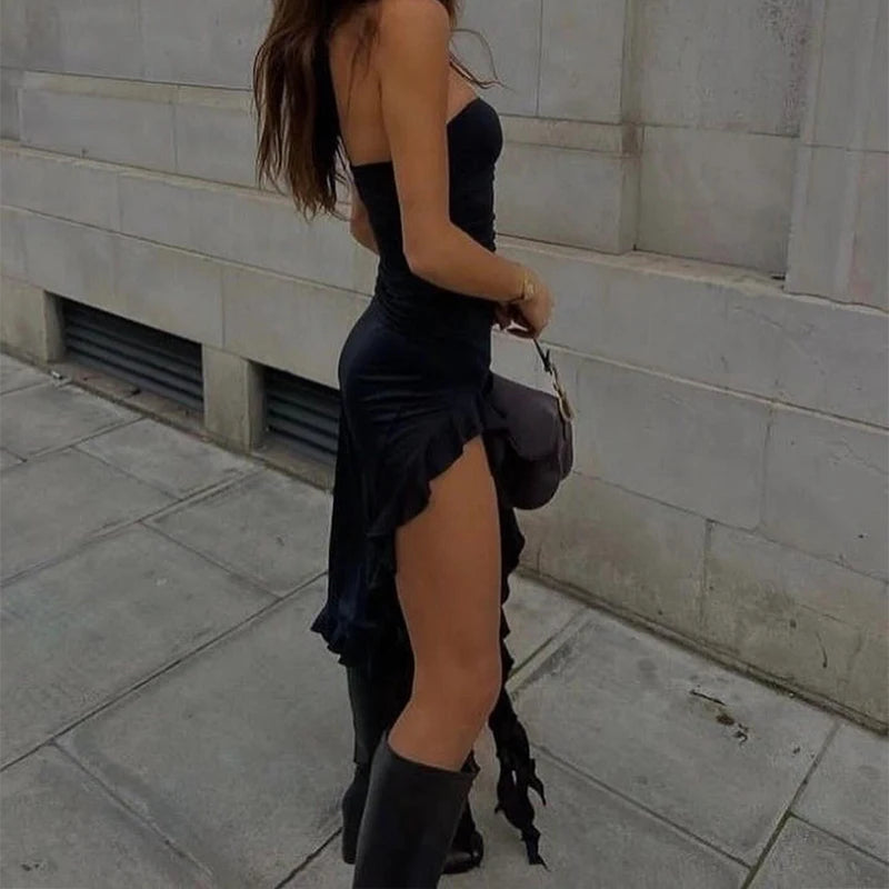 Women Strapless Floral High Slit Mini Dress Black Pink