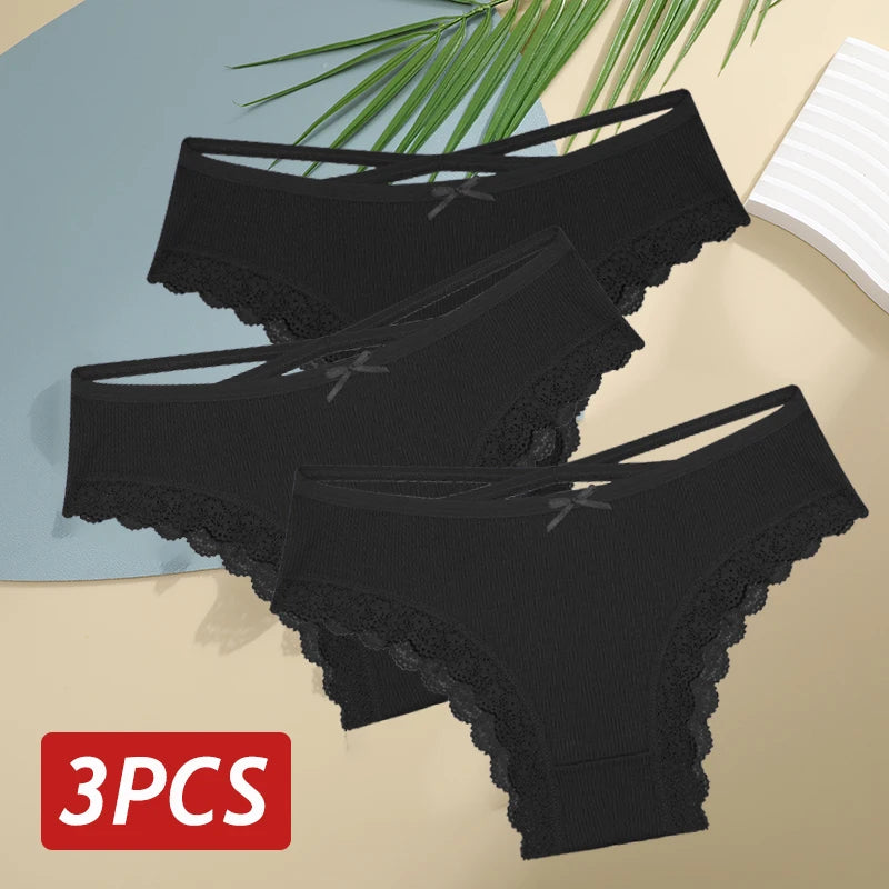 3PCS Women Cotton Lace Brazilian Panties Set S-XL