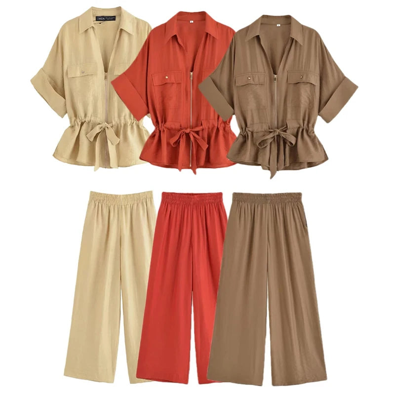 Willshela Women's Vintage 2 Piece Zipper Shirt and Trousers Set