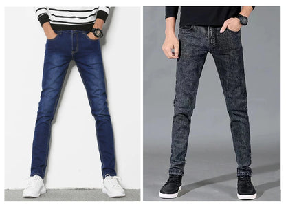 Mens Slim Fit Denim Pencil Pants Black White Stretch Jeans